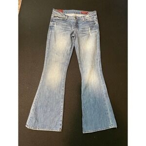 Blue 2 Flare Leg Jeans Women 28 Light Wash Good Distressed Low Rise Boho Y2K